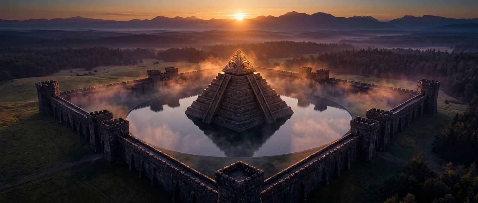 The sanctuary at dawn — a stone pyramid floating on a round lake enclosed by square castle walls, surrounded by grassland and wildwood forest, under an ember-orange sunrise sky.