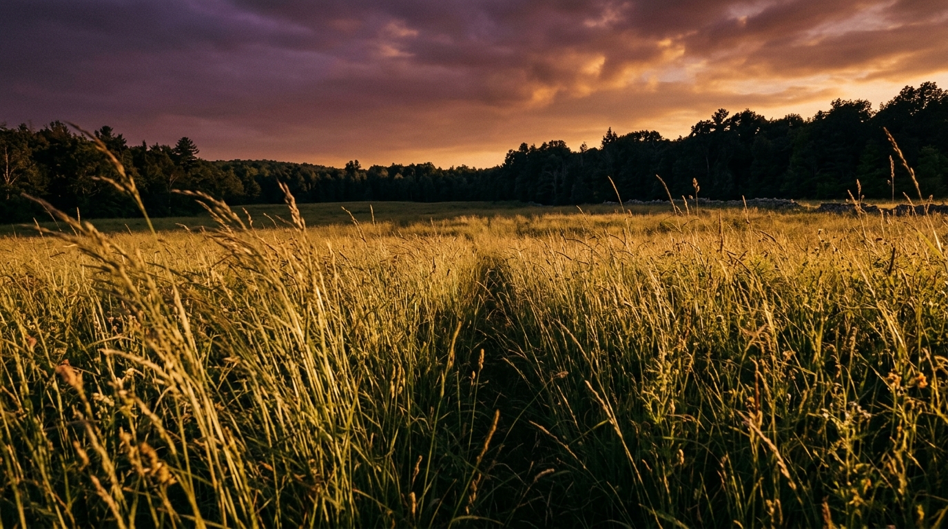 Station I — The Approach. Grassland and wildwood forest at dawn, with the distant silhouette of stone walls on the horizon.