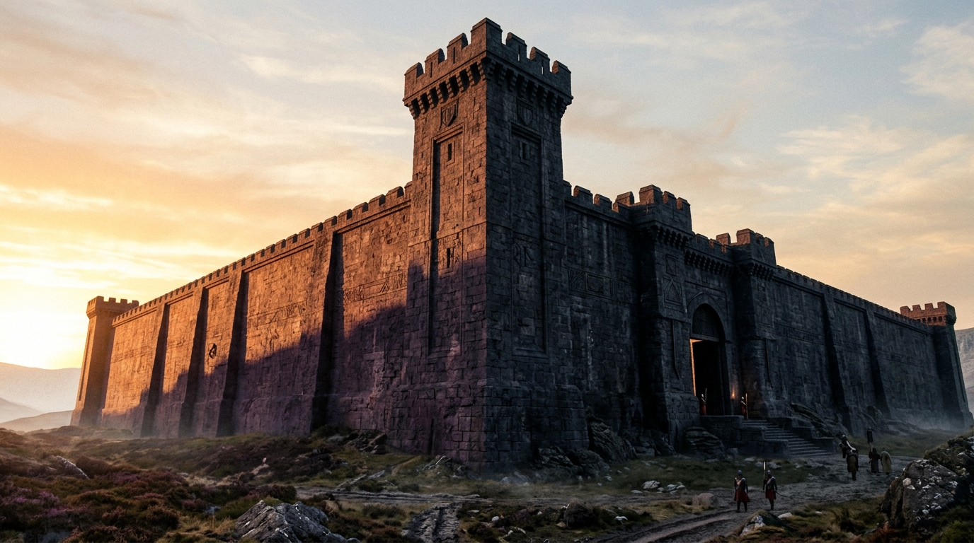 Station II — The Walls. Massive weathered stone castle walls forming a precise 90-degree corner at dawn, with an open unguarded gate.