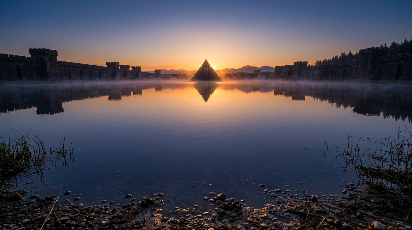 Station III — The Lake. A first-person shore-level view across a vast round still lake at dawn toward the distant stone pyramid rising from its center.