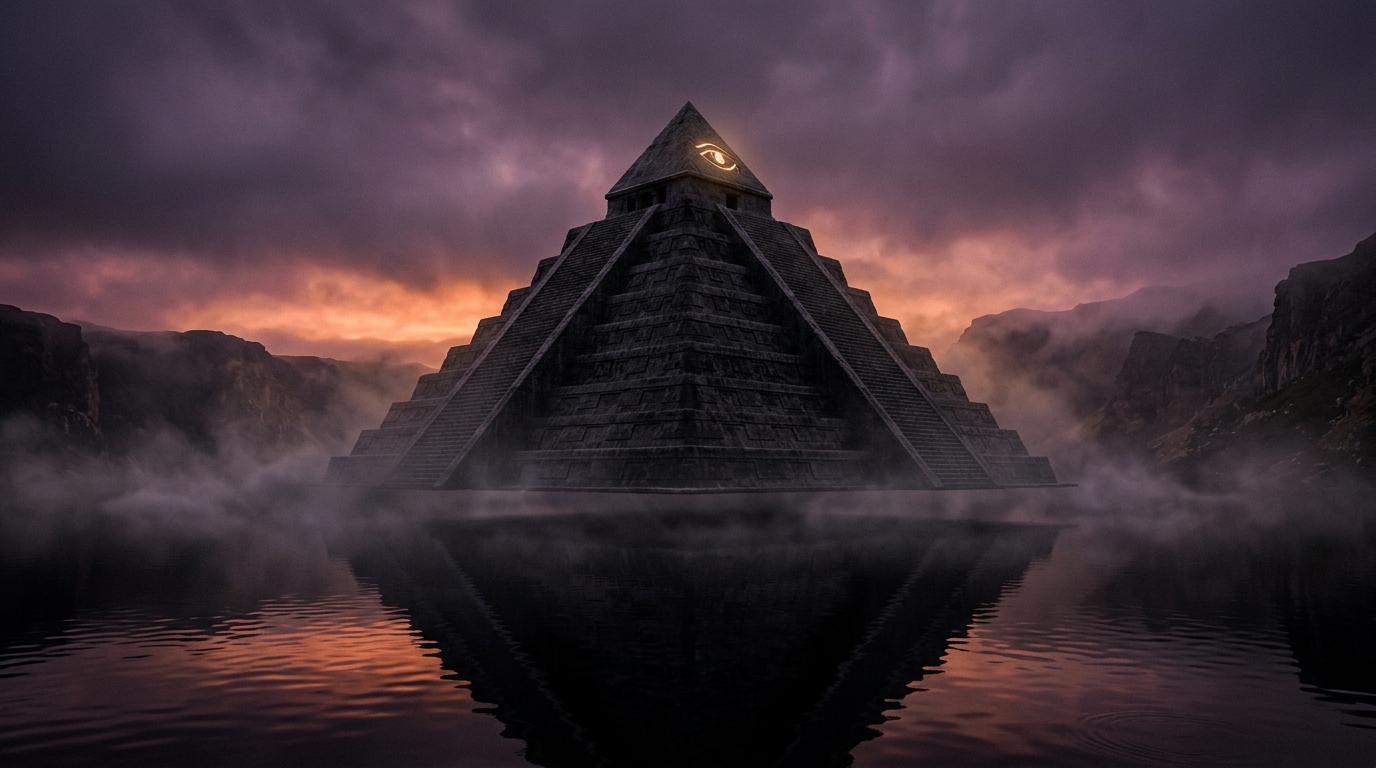 Station IV — The Pyramid. A massive stone pyramid floating impossibly on a round still lake, its base held above the water by depth.