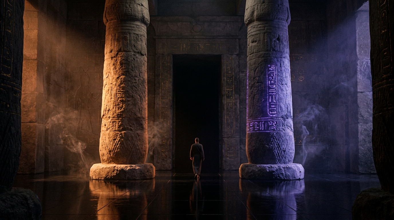 Station V — The Pillars. Two identical stone pillars inside the pyramid chamber, one warm-lit from the left, one cool-lit from the right, framing a sacred gateway.