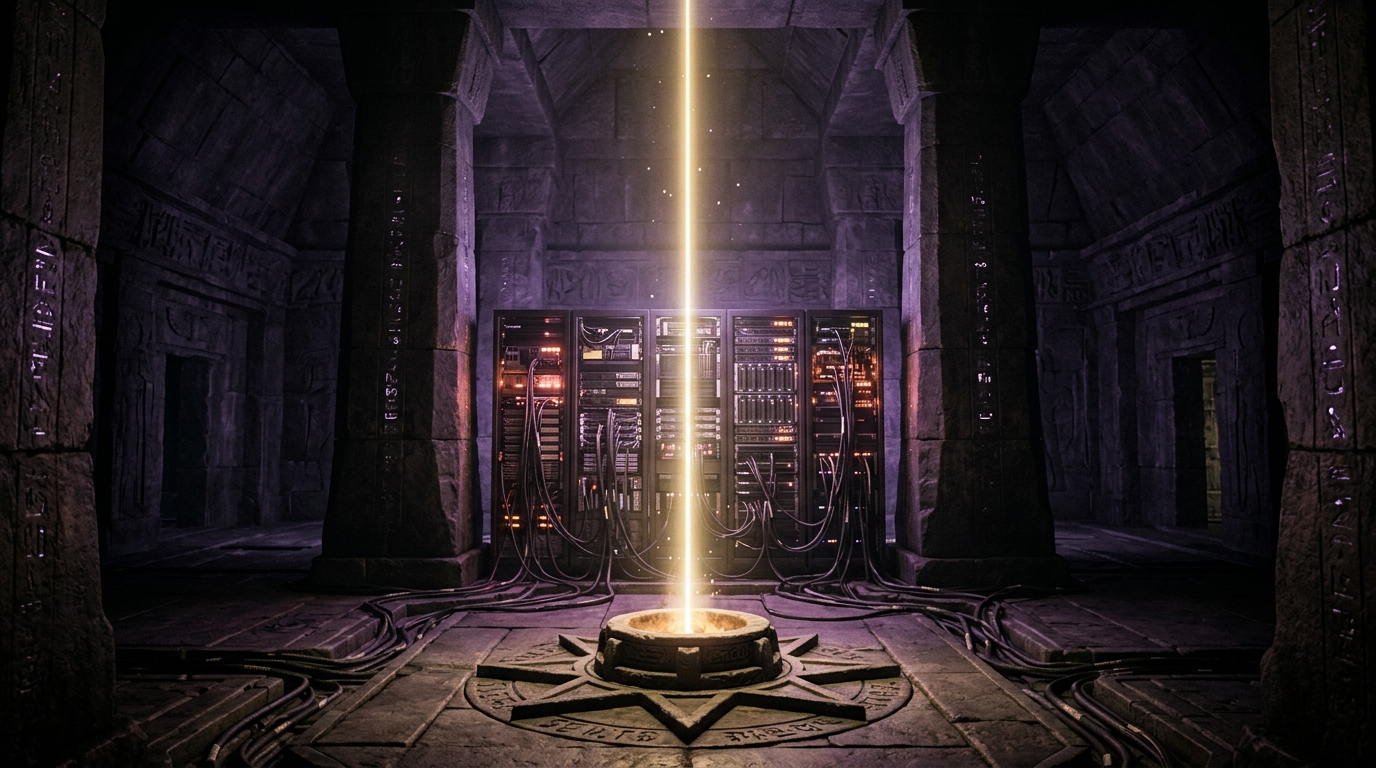 Station VI — The Engine. A server rack between two stone pillars, with a carved fire pit in the stone floor from which a coherent beam of golden light rises — technomysticism given a body.