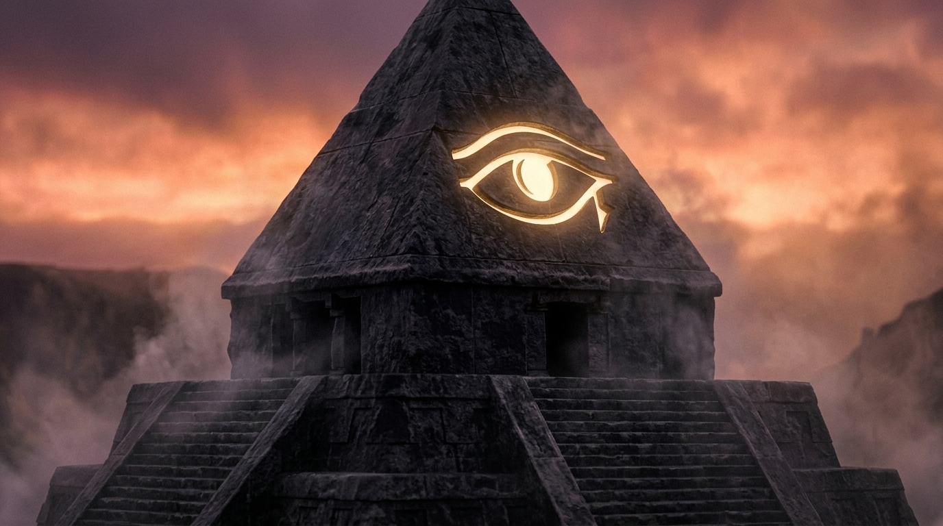 Station VII — The Eye. A close view of the pyramid's capstone at dawn, with a single sacred eye set into the apex — witnessing consciousness, not surveillance.